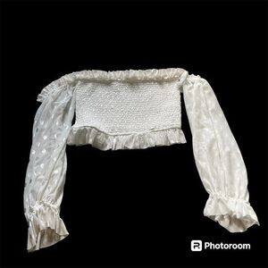 Illa Illa white cropped blouse shirt with mesh polka dot off the shoulder shirt